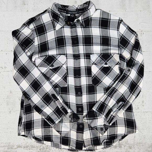 Sanctuary Black White Plaid Snap Button Boyfriend Fit Flannel Top Size Medium - Picture 1 of 12